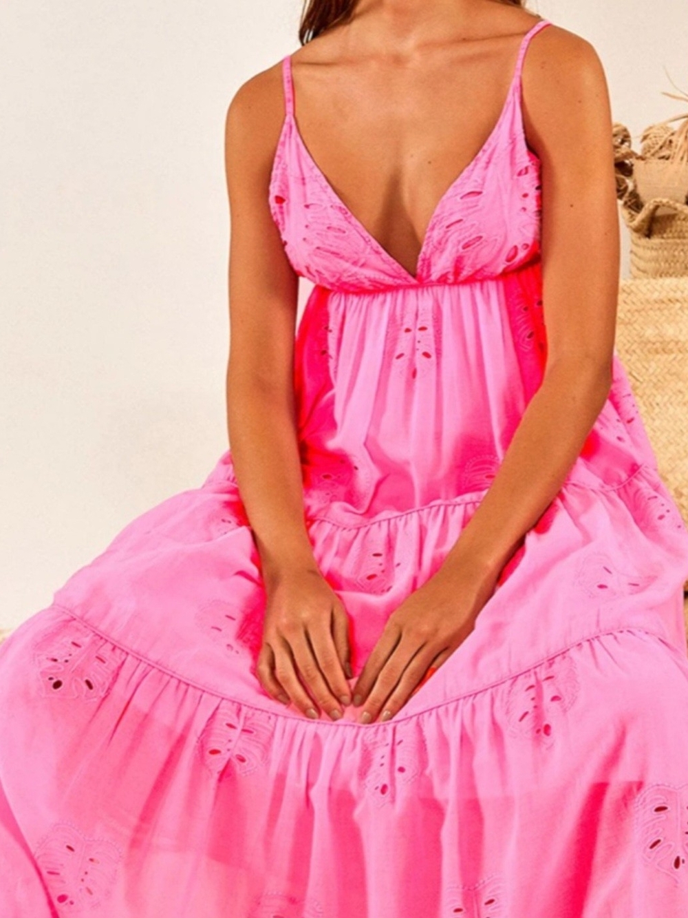 FARM Rio Hot Pink Eyelet Spaghetti-Strap Maxi Dress
